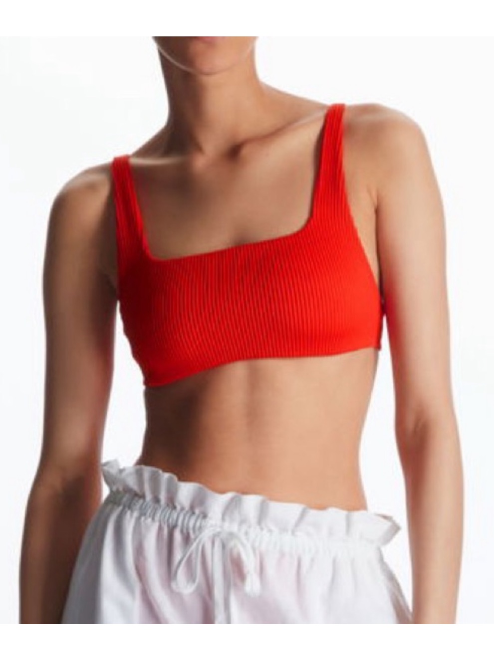 Unlined Square Neck Ribbed Red Bikini Top